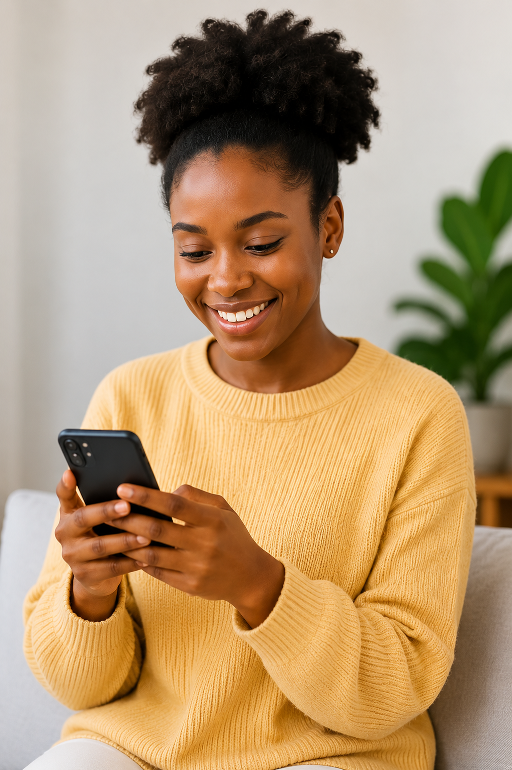 Mulher angolana a usar o app CONFIA no telemóvel