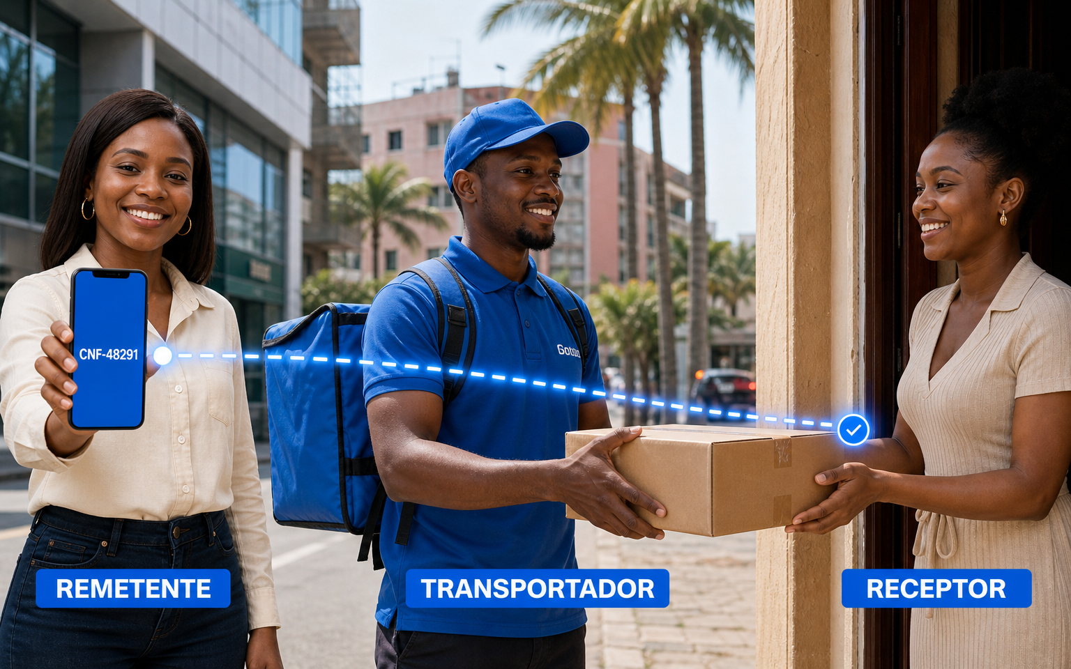 Fluxo do Correio CONFIA NOS: remetente com código no telemóvel, transportador e receptor ligados por uma linha digital azul