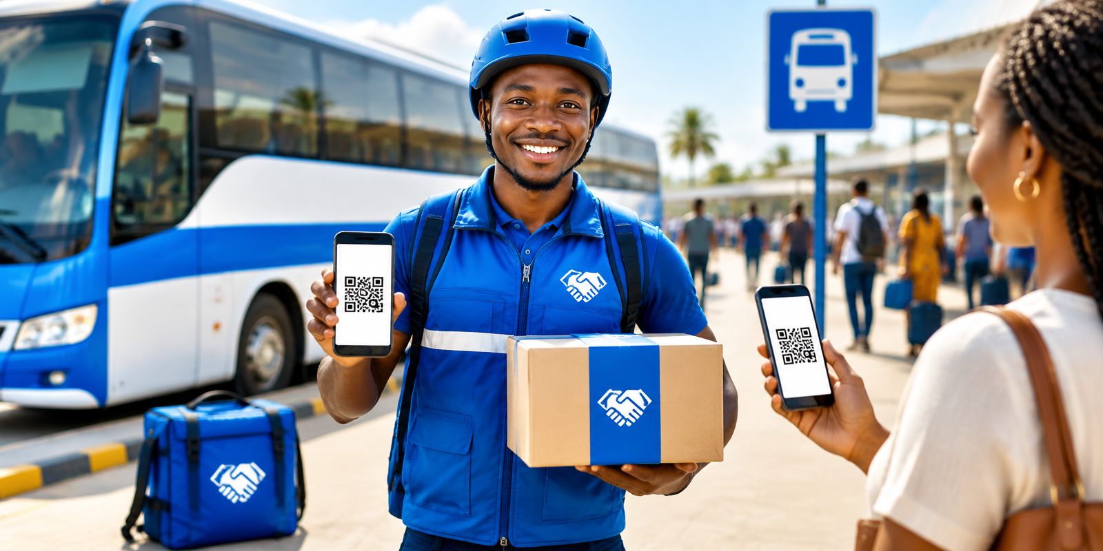 Correio CONFIA NOS: entregador de uniforme azul num terminal interprovincial, a mostrar o código QR e a entregar uma encomenda